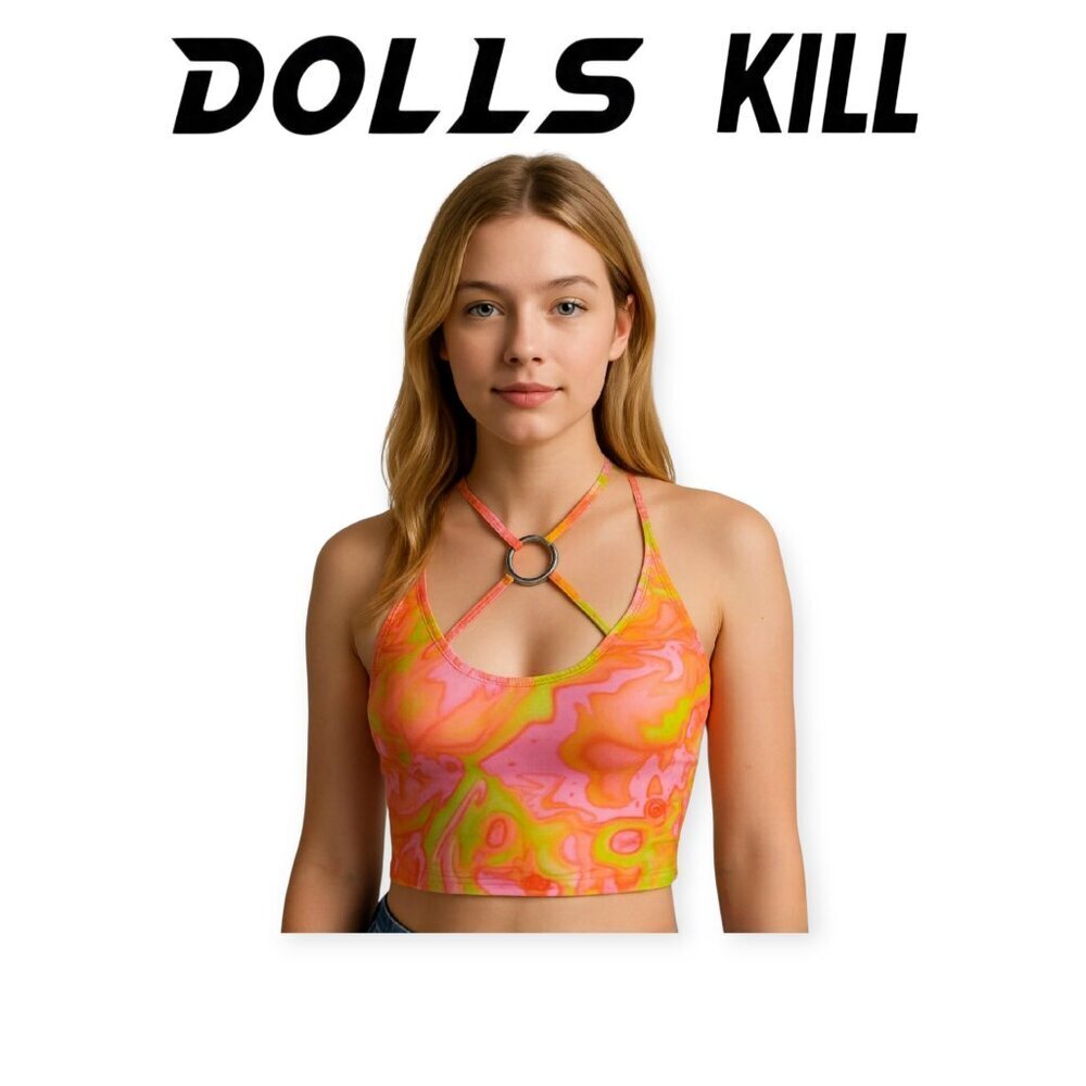 Dolls Kill Y2K Kaleidoscope Halter Crop Top Stretchy Poster Girl XS Festival Fit